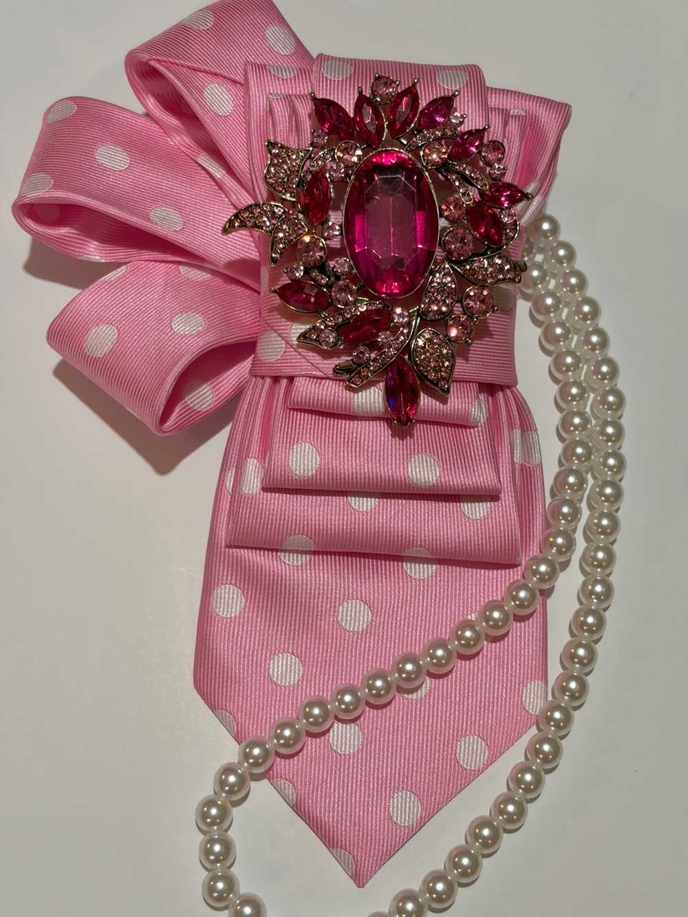 Pink Polka Dot Bow Brooch with Gem Accents and Pearl Strand